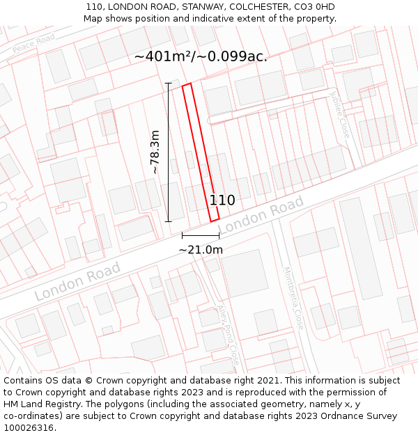 110, LONDON ROAD, STANWAY, COLCHESTER, CO3 0HD: Plot and title map