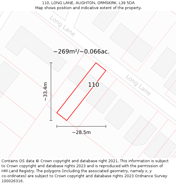 110, LONG LANE, AUGHTON, ORMSKIRK, L39 5DA: Plot and title map