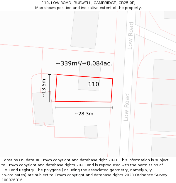 110, LOW ROAD, BURWELL, CAMBRIDGE, CB25 0EJ: Plot and title map