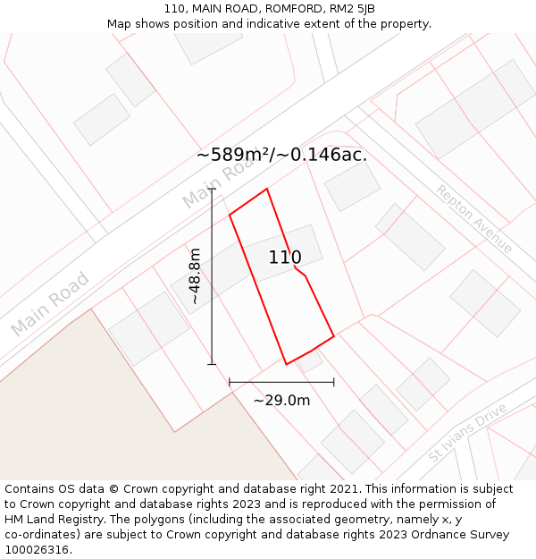 110, MAIN ROAD, ROMFORD, RM2 5JB: Plot and title map