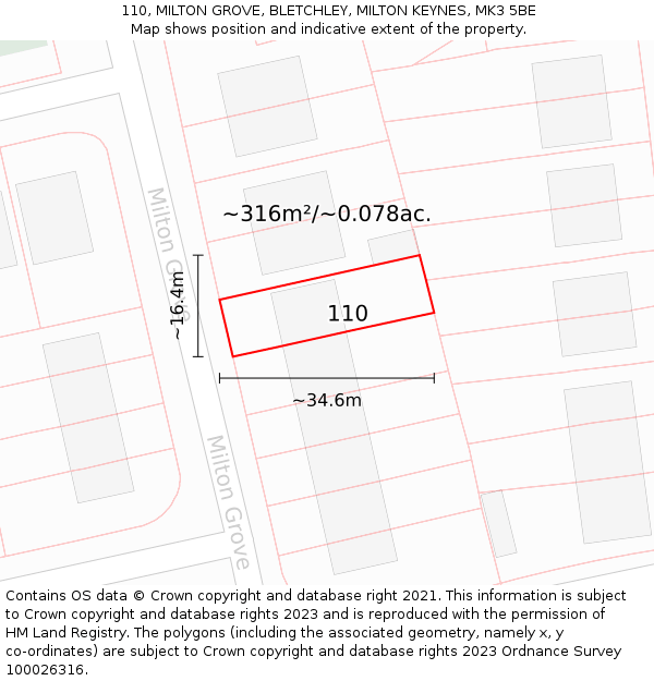 110, MILTON GROVE, BLETCHLEY, MILTON KEYNES, MK3 5BE: Plot and title map