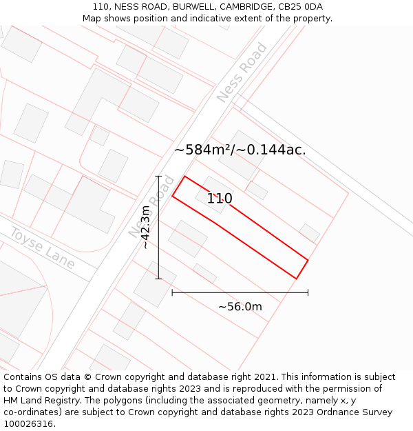 110, NESS ROAD, BURWELL, CAMBRIDGE, CB25 0DA: Plot and title map