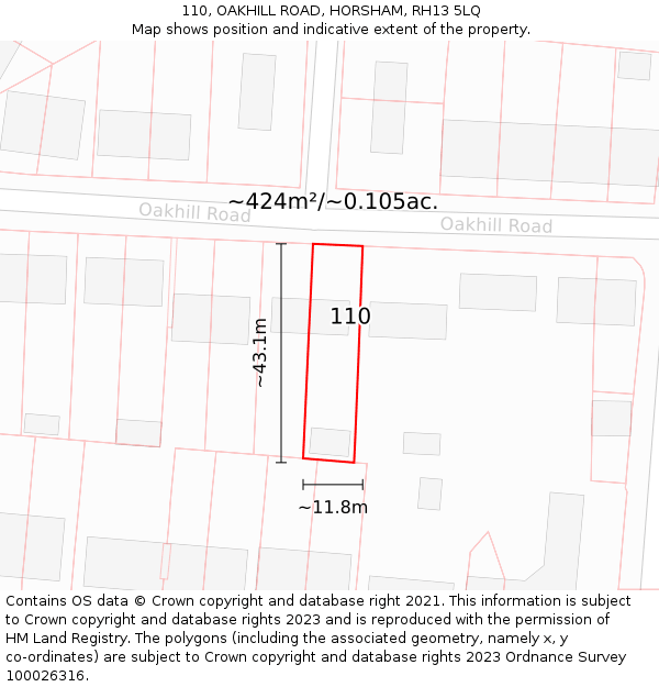 110, OAKHILL ROAD, HORSHAM, RH13 5LQ: Plot and title map