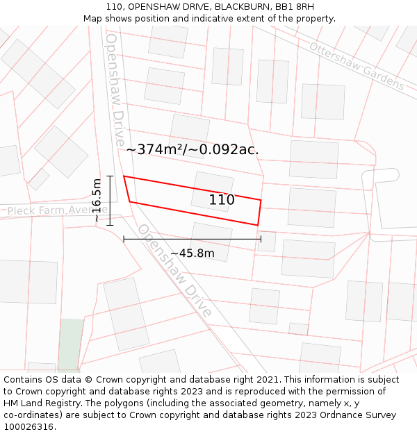 110, OPENSHAW DRIVE, BLACKBURN, BB1 8RH: Plot and title map
