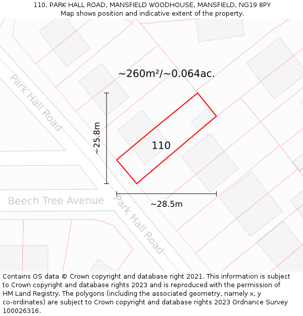 110, PARK HALL ROAD, MANSFIELD WOODHOUSE, MANSFIELD, NG19 8PY: Plot and title map