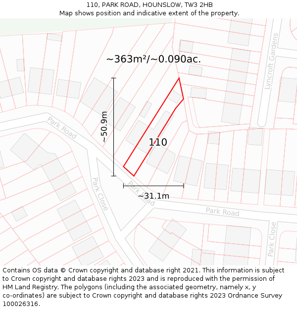 110, PARK ROAD, HOUNSLOW, TW3 2HB: Plot and title map