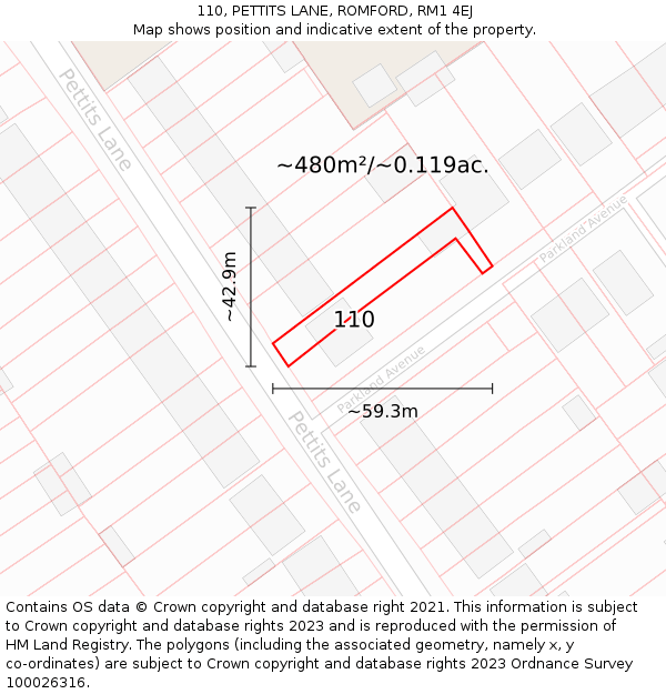 110, PETTITS LANE, ROMFORD, RM1 4EJ: Plot and title map