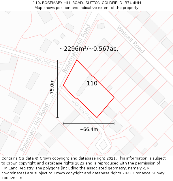110, ROSEMARY HILL ROAD, SUTTON COLDFIELD, B74 4HH: Plot and title map