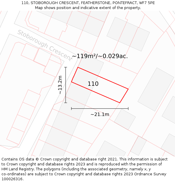 110, STOBOROUGH CRESCENT, FEATHERSTONE, PONTEFRACT, WF7 5PE: Plot and title map