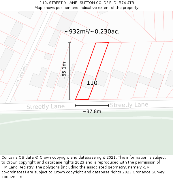 110, STREETLY LANE, SUTTON COLDFIELD, B74 4TB: Plot and title map