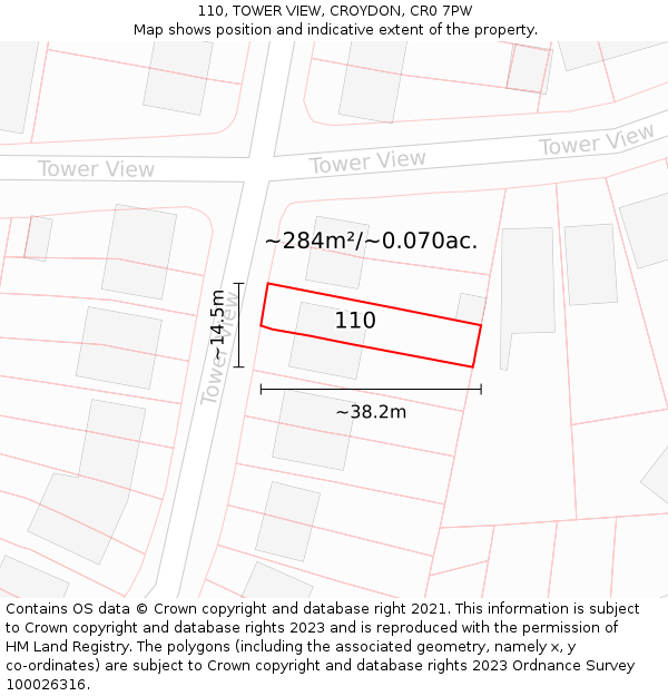 110, TOWER VIEW, CROYDON, CR0 7PW: Plot and title map