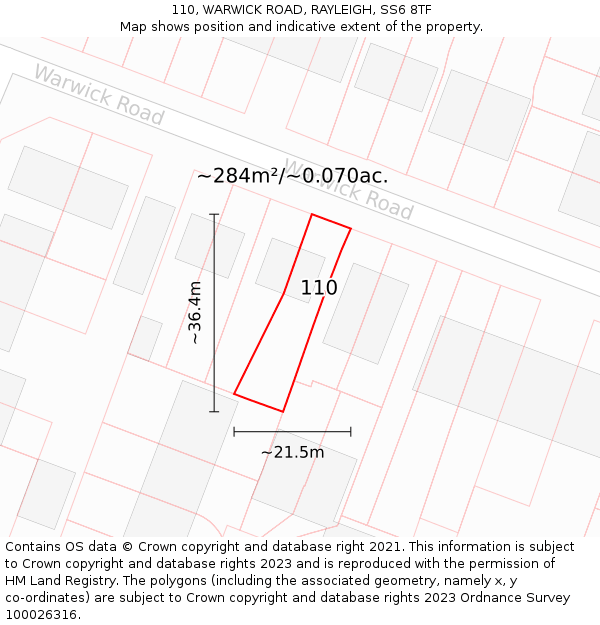 110, WARWICK ROAD, RAYLEIGH, SS6 8TF: Plot and title map