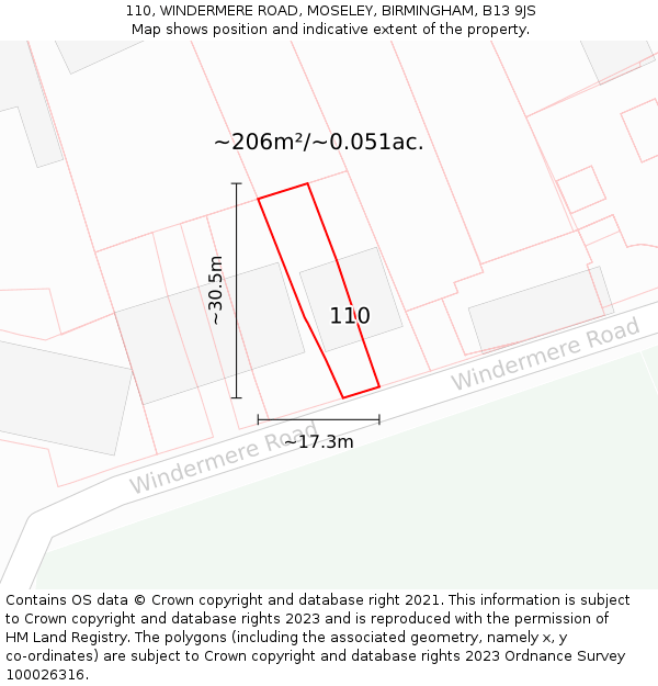 110, WINDERMERE ROAD, MOSELEY, BIRMINGHAM, B13 9JS: Plot and title map