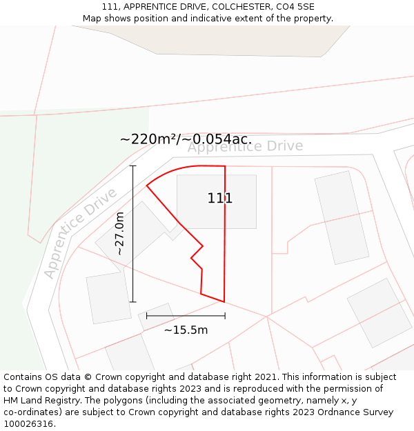 111, APPRENTICE DRIVE, COLCHESTER, CO4 5SE: Plot and title map