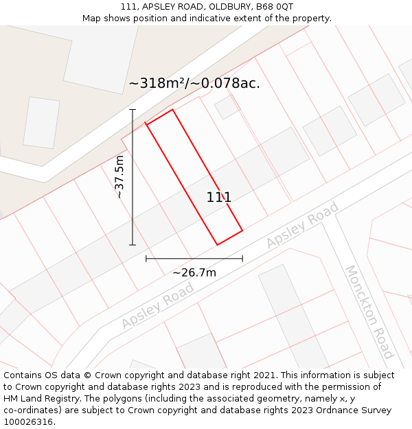 111, APSLEY ROAD, OLDBURY, B68 0QT: Plot and title map