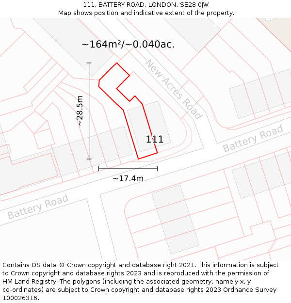 111, BATTERY ROAD, LONDON, SE28 0JW: Plot and title map