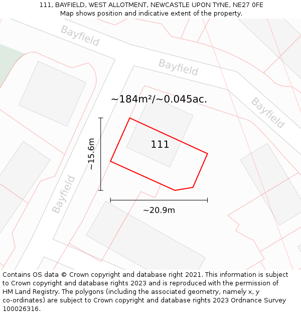 111, BAYFIELD, WEST ALLOTMENT, NEWCASTLE UPON TYNE, NE27 0FE: Plot and title map
