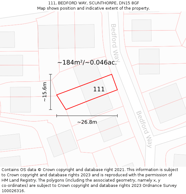 111, BEDFORD WAY, SCUNTHORPE, DN15 8GF: Plot and title map