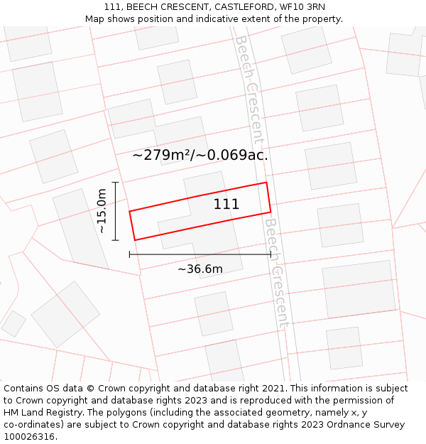 111, BEECH CRESCENT, CASTLEFORD, WF10 3RN: Plot and title map