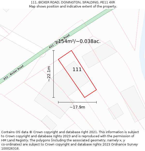 111, BICKER ROAD, DONINGTON, SPALDING, PE11 4XR: Plot and title map