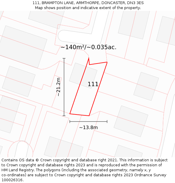 111, BRAMPTON LANE, ARMTHORPE, DONCASTER, DN3 3ES: Plot and title map