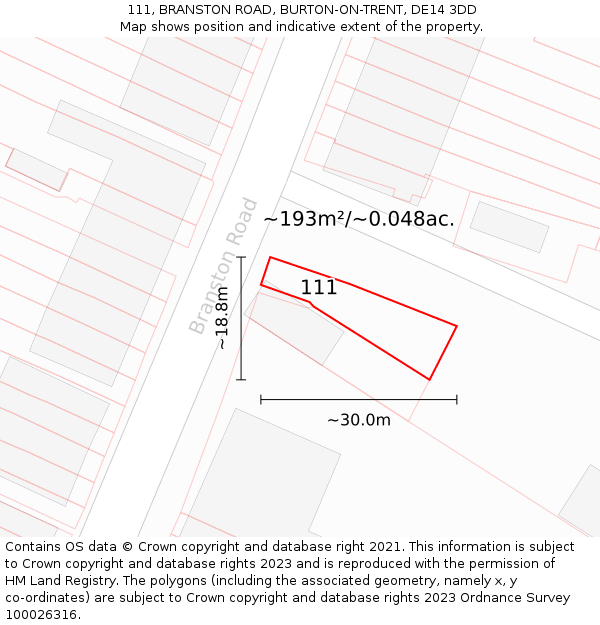 111, BRANSTON ROAD, BURTON-ON-TRENT, DE14 3DD: Plot and title map
