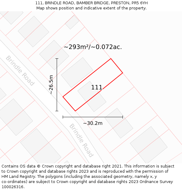 111, BRINDLE ROAD, BAMBER BRIDGE, PRESTON, PR5 6YH: Plot and title map