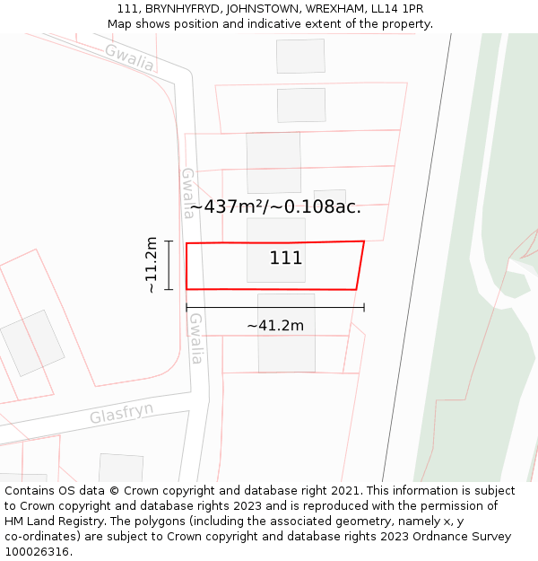 111, BRYNHYFRYD, JOHNSTOWN, WREXHAM, LL14 1PR: Plot and title map