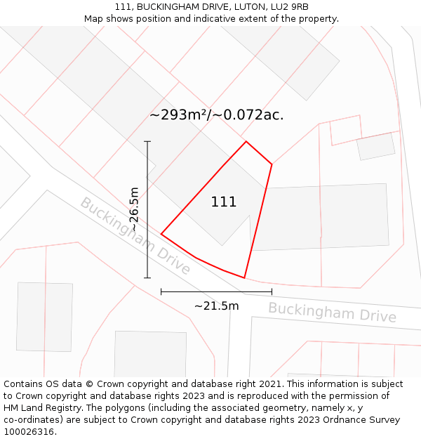 111, BUCKINGHAM DRIVE, LUTON, LU2 9RB: Plot and title map