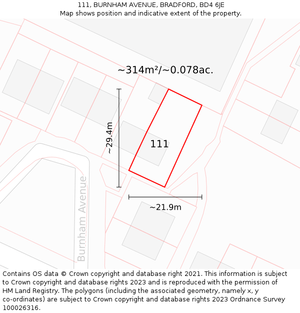 111, BURNHAM AVENUE, BRADFORD, BD4 6JE: Plot and title map