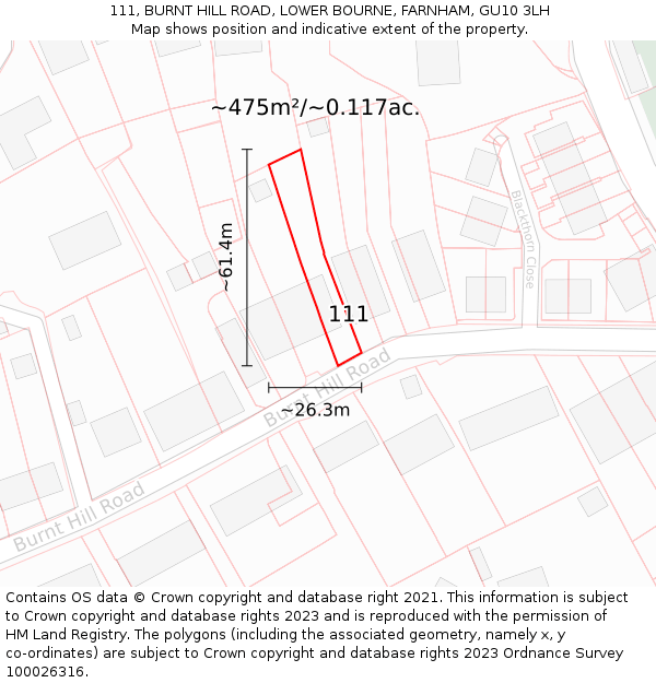 111, BURNT HILL ROAD, LOWER BOURNE, FARNHAM, GU10 3LH: Plot and title map