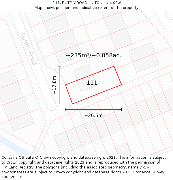 111, BUTELY ROAD, LUTON, LU4 9EW: Plot and title map