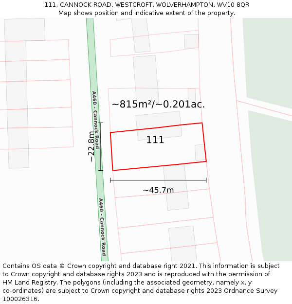 111, CANNOCK ROAD, WESTCROFT, WOLVERHAMPTON, WV10 8QR: Plot and title map