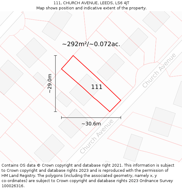 111, CHURCH AVENUE, LEEDS, LS6 4JT: Plot and title map