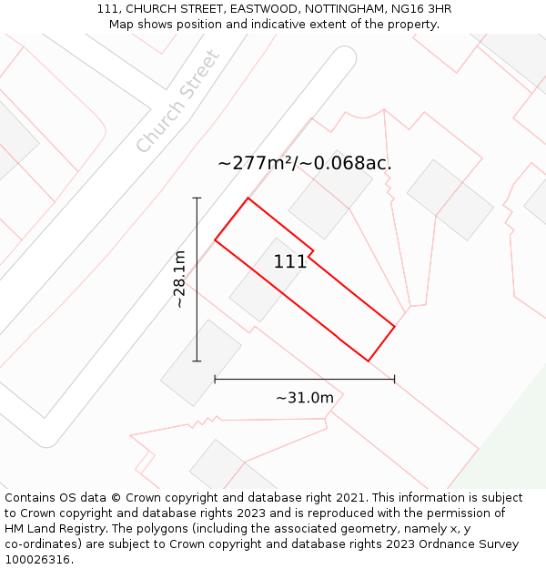 111, CHURCH STREET, EASTWOOD, NOTTINGHAM, NG16 3HR: Plot and title map