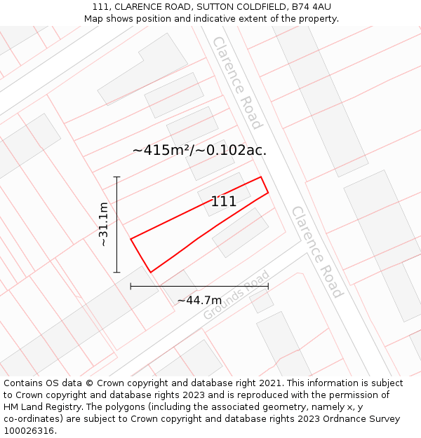 111, CLARENCE ROAD, SUTTON COLDFIELD, B74 4AU: Plot and title map