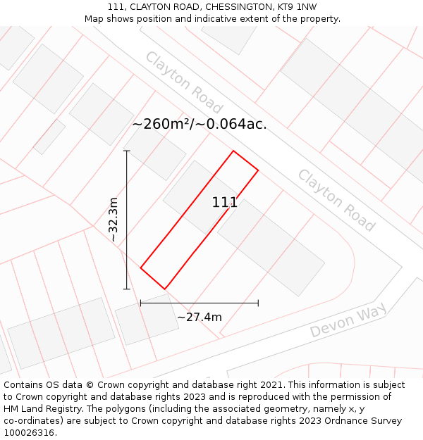 111, CLAYTON ROAD, CHESSINGTON, KT9 1NW: Plot and title map