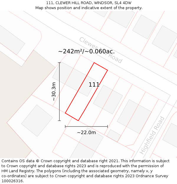 111, CLEWER HILL ROAD, WINDSOR, SL4 4DW: Plot and title map