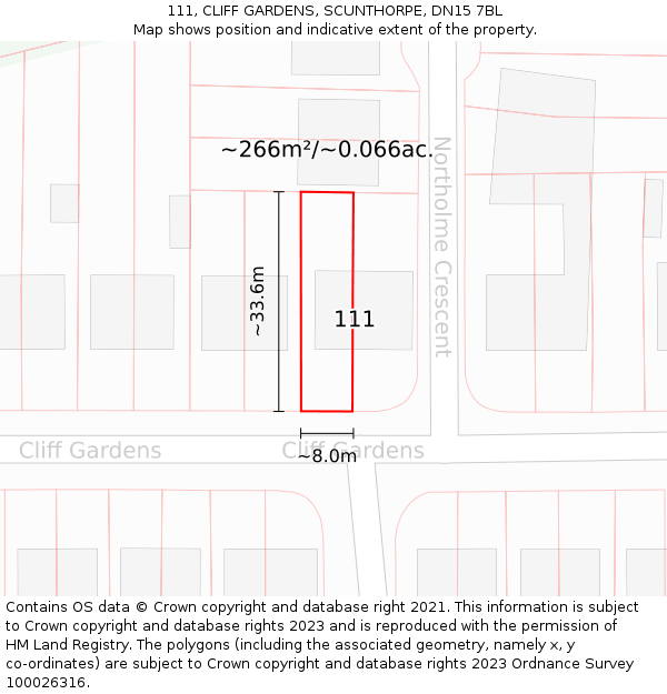 111, CLIFF GARDENS, SCUNTHORPE, DN15 7BL: Plot and title map