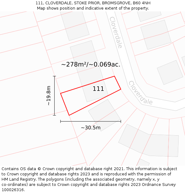 111, CLOVERDALE, STOKE PRIOR, BROMSGROVE, B60 4NH: Plot and title map