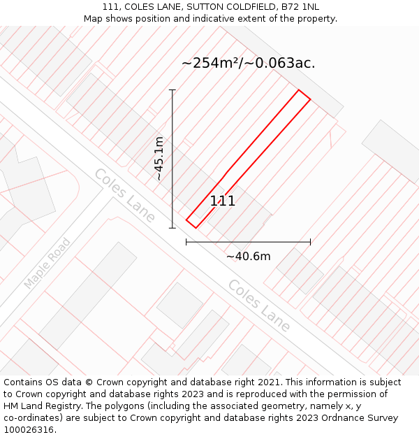 111, COLES LANE, SUTTON COLDFIELD, B72 1NL: Plot and title map
