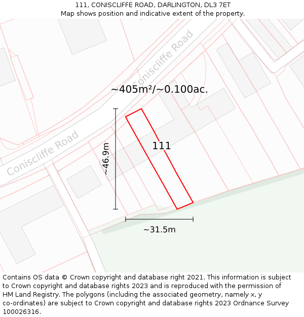 111, CONISCLIFFE ROAD, DARLINGTON, DL3 7ET: Plot and title map