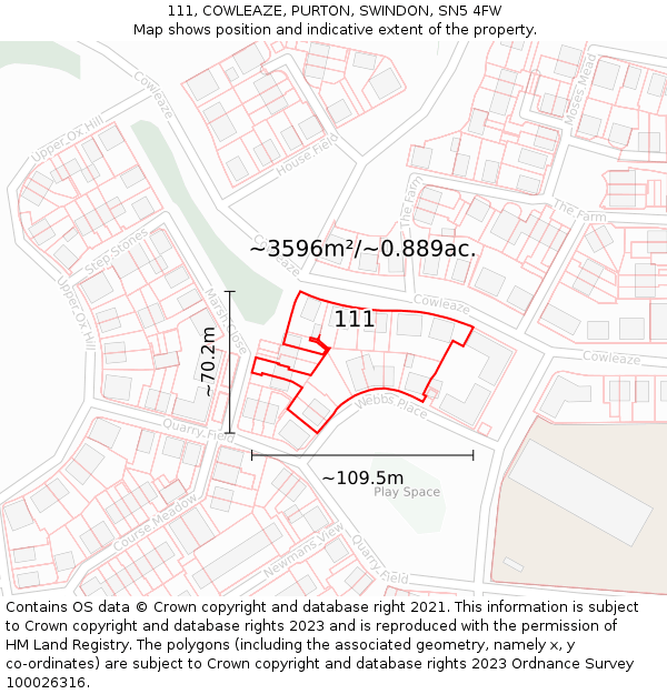 111, COWLEAZE, PURTON, SWINDON, SN5 4FW: Plot and title map