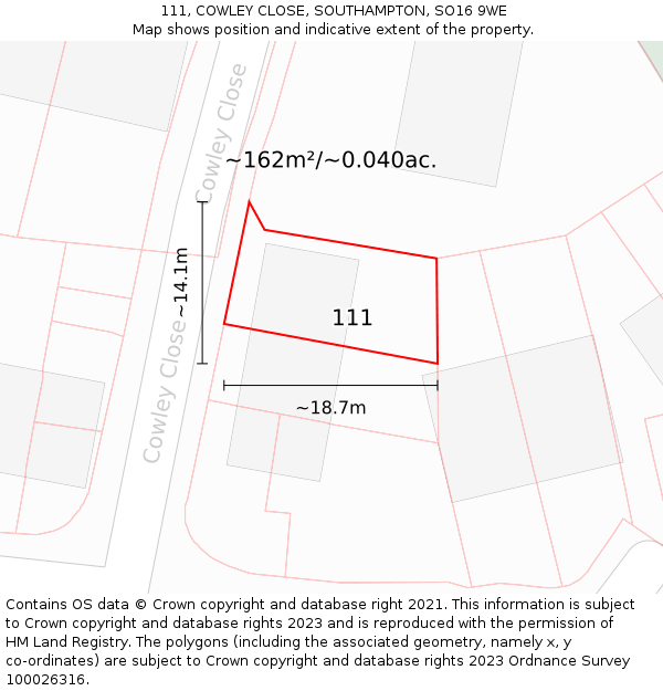 111, COWLEY CLOSE, SOUTHAMPTON, SO16 9WE: Plot and title map