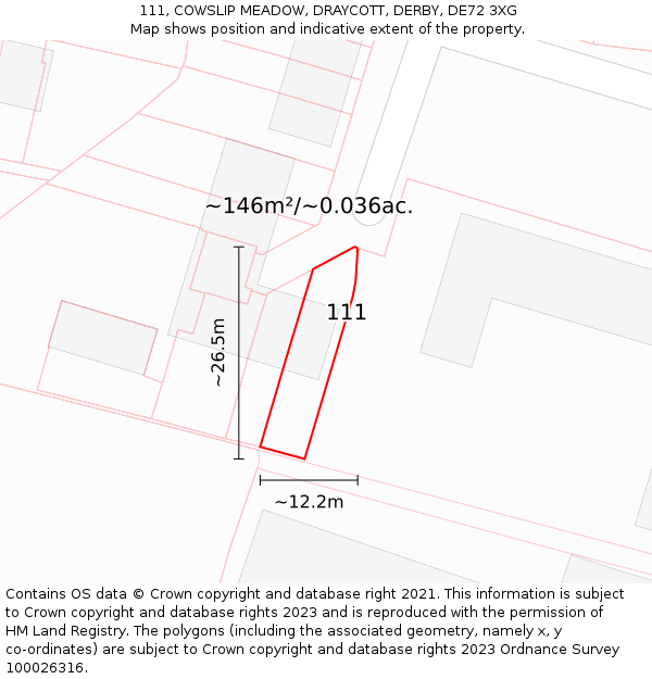 111, COWSLIP MEADOW, DRAYCOTT, DERBY, DE72 3XG: Plot and title map