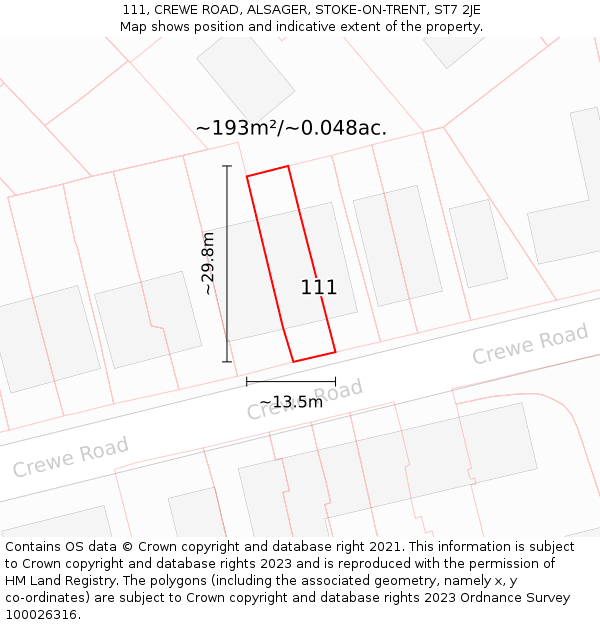111, CREWE ROAD, ALSAGER, STOKE-ON-TRENT, ST7 2JE: Plot and title map