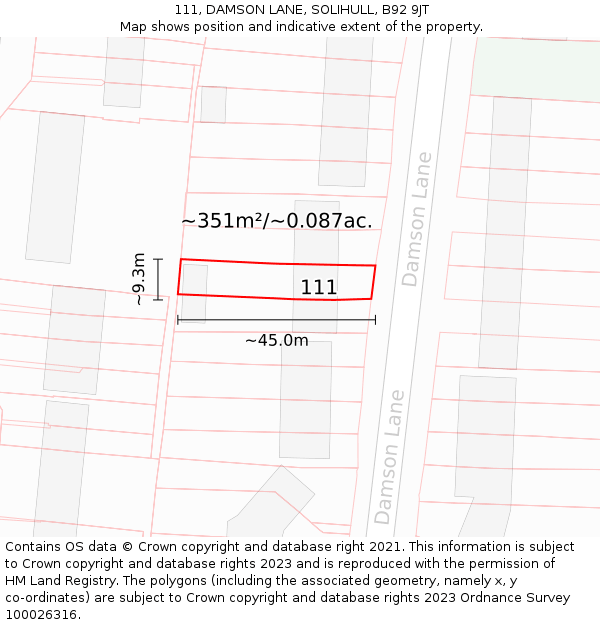 111, DAMSON LANE, SOLIHULL, B92 9JT: Plot and title map