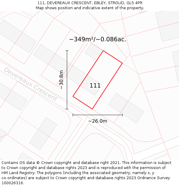 111, DEVEREAUX CRESCENT, EBLEY, STROUD, GL5 4PR: Plot and title map