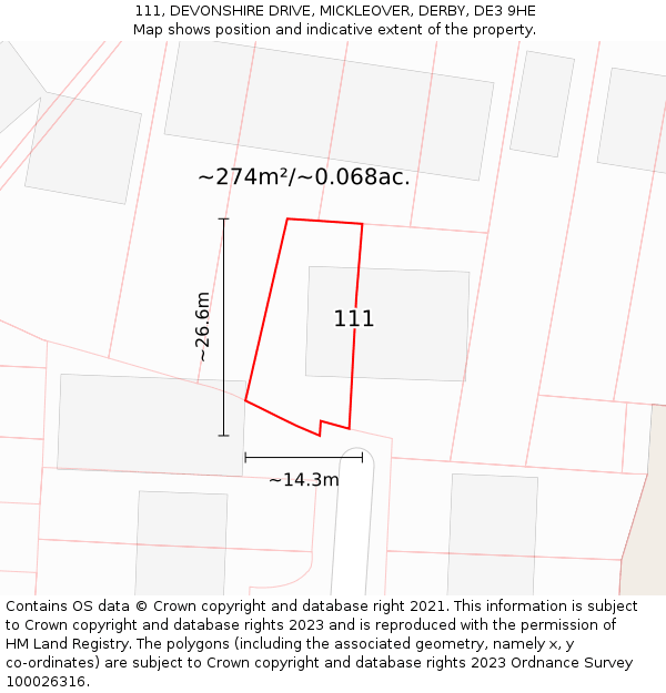 111, DEVONSHIRE DRIVE, MICKLEOVER, DERBY, DE3 9HE: Plot and title map