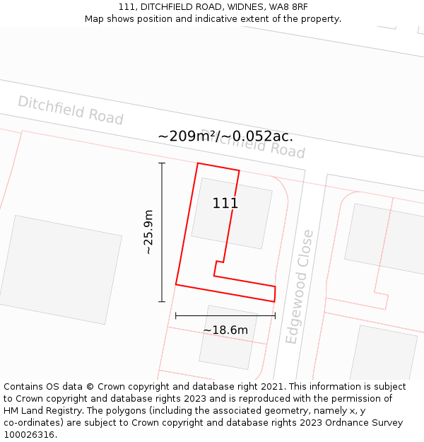111, DITCHFIELD ROAD, WIDNES, WA8 8RF: Plot and title map